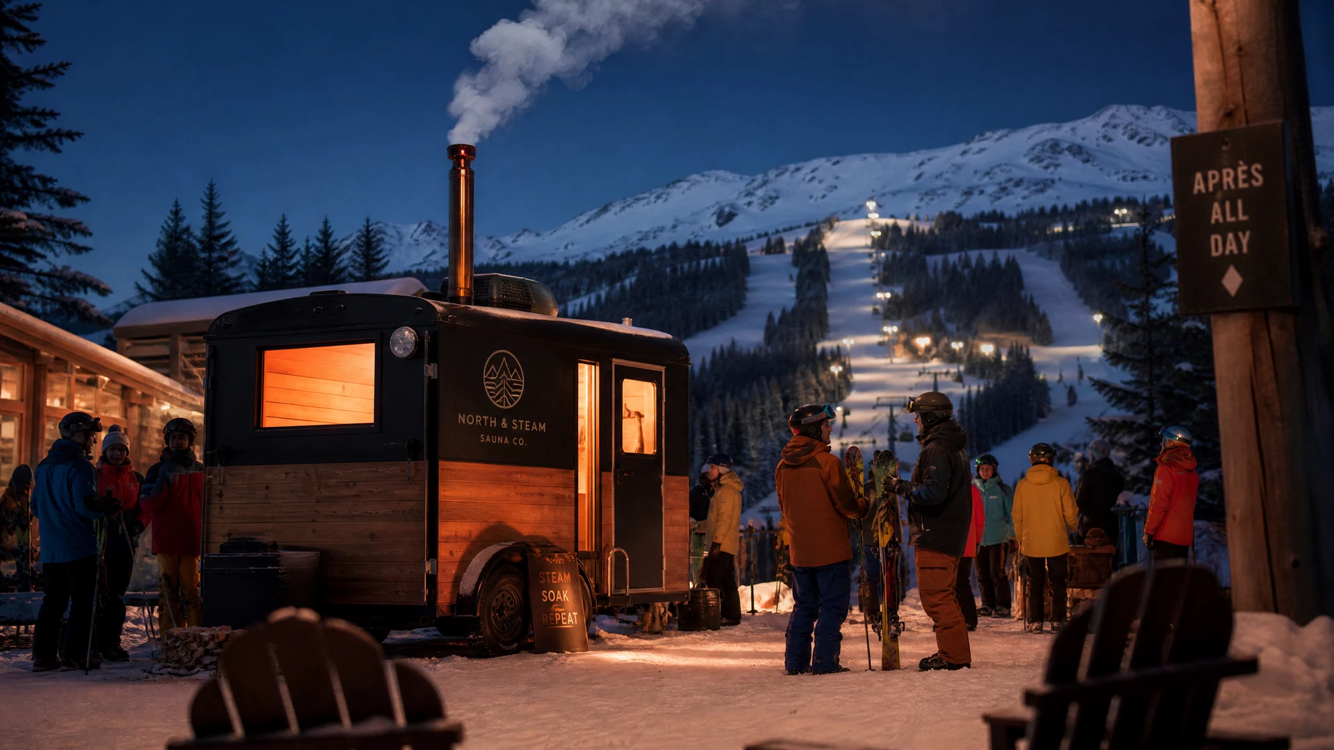 Sauna trailer at the ski hill at dusk
