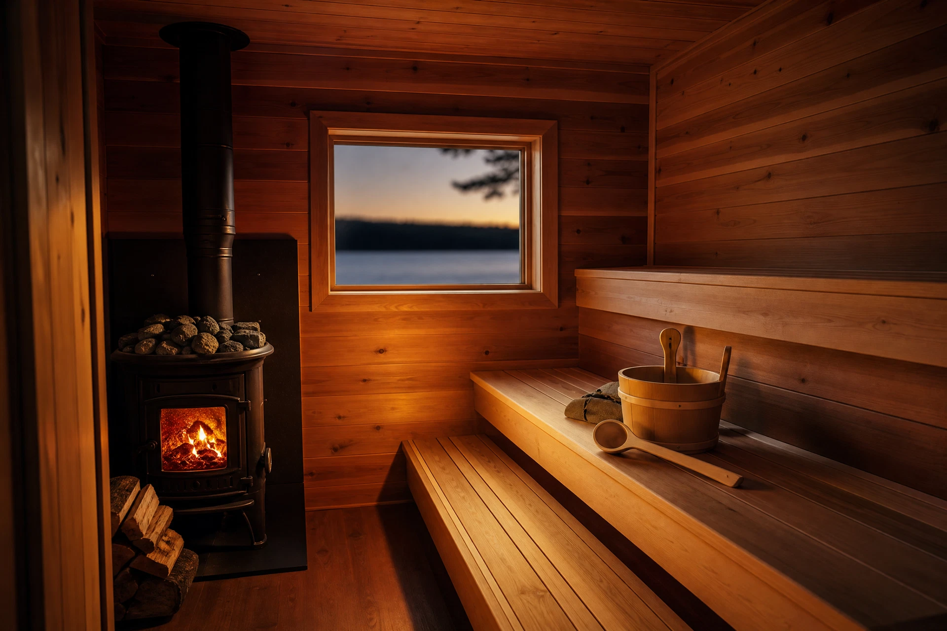 Warm cedar interior with tiered benches